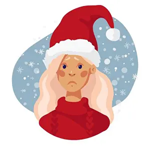 Claus Prints: Sad girl in the red hat of Santa Claus