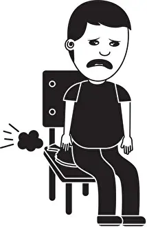 Fool Prints: sad man sitting in chair with whoopee cushion fools day monochromatic image