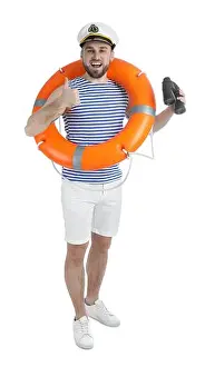 Buoy Prints: Sailor with binoculars and ring buoy on white background