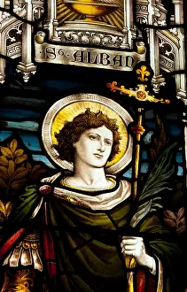 Villages Prints: Saint Alban stained glass, St. Mary`s Church, Redbourn, Hertfordshire, England, UK