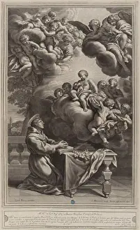 Descent Prints: Saint Antoine de Padoue adorant l'Enfant Jésus qui descend du ciel dans toute sa gloire d'après Ciro Ferri (p)