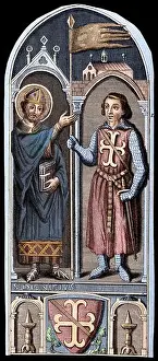 Martyr Prints: Saint Denis as Archbishop of Paris (3rd century) presenting a standard to a crusader