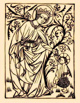 Martyr Prints: Saint Dorothy, Dorothea of Caesarea with the Christ-child, wood engraving, 1410