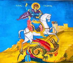 Saint George Prints: Saint George Dragon Fresco Saint George's Greek Orthodox Church Madaba Jordan