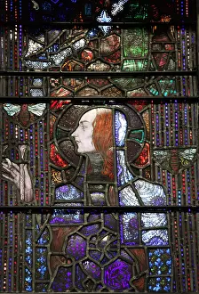 Catholic Prints: Saint Gobnait the patron saint of beekeepers in a stained glass window by Harry Clarke in the Honan Chapel at Cork