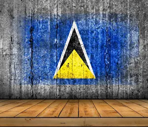 Saint Lucia Prints: Saint Lucia flag painted on concrete with wooden floor
