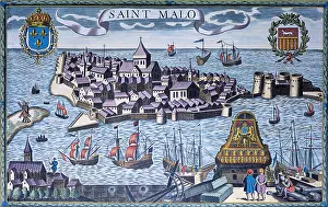 Town Walls Prints: Saint Malo, Brittany, France. Engraving and Plan of the Port as it Appeared during the c12th