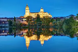 Historic Quarter Prints: Salamanca Cathedral with the Tormes River in Spain at night