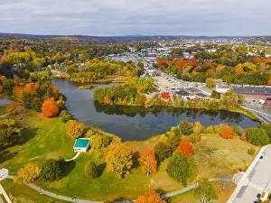 Worcester Prints: Salisbury Pond and Institute Park aerial view in fall with fall foliage in city center of Worcester