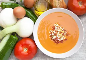 Malaga Prints: Salmorejo serving surrounded by some of the ingredients necessary to make this dish