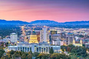 Statehouse Prints: Salt Lake City, Utah, USA downtown city skyline at dusk