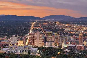 Salt Lake City, Utah, USA downtown city skyline at dusk
