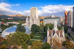 Salt Lake City, Utah, USA downtown cityscape over Temple Square