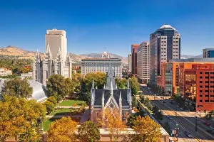 Salt Lake City, Utah, USA downtown cityscape over Temple Square with autumn foliage