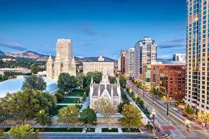 Salt Lake City, Utah, USA downtown cityscape over Temple Square at dusk