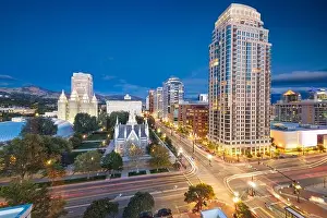 Salt Lake City, Utah, USA downtown cityscape over Temple Square at dusk