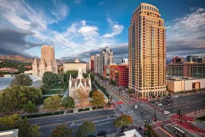Salt Lake City, Utah, USA downtown cityscape over Temple Square at dusk
