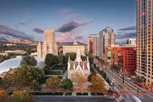 Salt Lake City, Utah, USA downtown cityscape over Temple Square at dusk