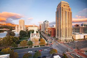 Salt Lake City, Utah, USA downtown cityscape over Temple Square at dusk