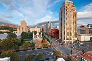 Salt Lake City, Utah, USA downtown cityscape over Temple Square at dusk