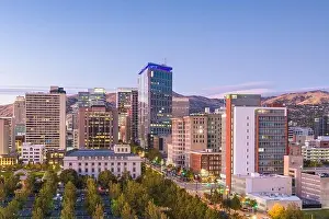 Salt Lake City, Utah, USA downtown financial district cityscape at twilight