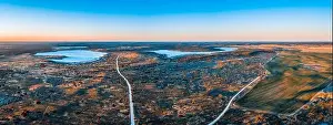 Pink Lake Prints: Salt lakes Kenyon and Crosbie in the desert at sunset - aerial panorama