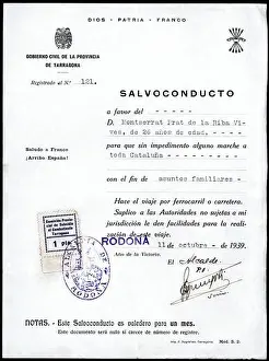 Salvoconducto del Gobierno Civil de Tarragona expedido en Rodonyà el 11 de octubre de 1939