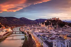 Salzburg, Austria. Cityscape image of the Salzburg, Austria with Salzburg Cathedral during beautiful winter sunset