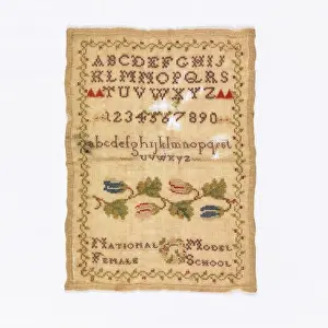 Sampler. Alphabets, numerals, floral cross border and text
