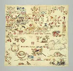 Sampler, Medium: wool embroidery on cotton foundation Technique: embroidered in cross, long-armed cross, running, double running, herringbone