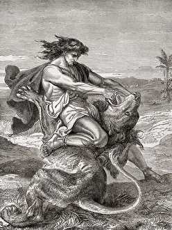 Judges Prints: Samson killing the lion, from The Book of Judges, Old Testament