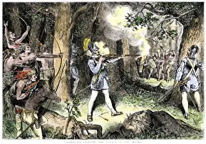 Samuel de Champlain and his Huron Indian allies fighting the Iroquois near Lake Champlain 1609. Hand-colored woodcut
