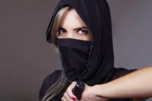 Veil Prints: Samurai woman dressed in black with matching veil covering face