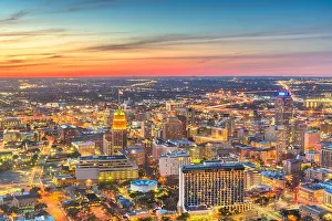 San Antonio, Texas, USA downtown city skyline from above just after sunset