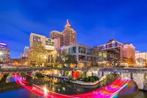 San Antonio, Texas, USA skyline on the river walk at dusk