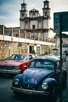 san Cristobal de la casas mexico Chiapas state old church and traditional old car on the street