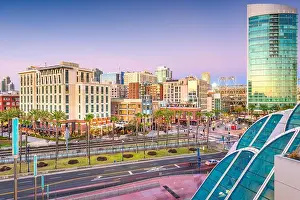 San Diego, California cityscape at the Gaslamp Quarter at dusk