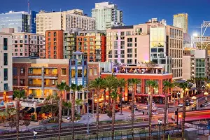 San Diego, California cityscape at the Gaslamp Quarter in the evening