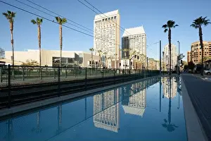 San Diego, California, USA downtown cityscape and skyline with water reflections