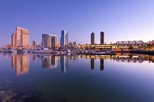 Images Dated 26th February 2016: San Diego, California, USA downtown skyline at the Embarcadero at twilight