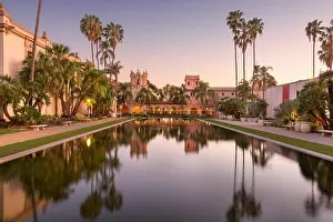Balboa Prints: San Diego, California, USA plaza fountain at night in the Prado
