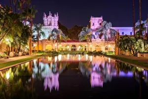 San Diego, California, USA plaza fountain at night in the Prado