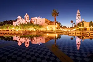San Diego, California, USA plaza fountain at night in the Prado