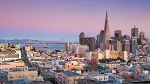 Business Finance And Industry Prints: San Francisco. Panoramic image of San Francisco skyline at sunset