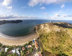 San Juan Del Sur bay aerial drone view on sunny sunrise light