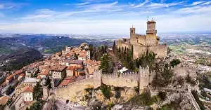 Rocca Prints: San Marino aerial drone panoramic view of medieval town and one of the castles