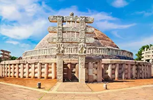Madhya Pradesh Prints: Sanchi Stupa is a Buddhist stone structure located on a hilltop at Sanchi Town in Raisen District of the State of