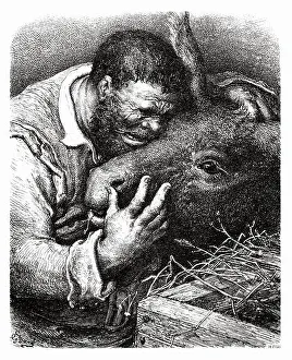 Ancient Book Prints: Sancho panza cries to his donkey