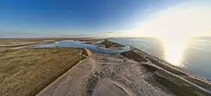Sandy swamp near a beautiful lake, top view, drone camera