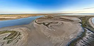 Sea Of Azov Prints: Sandy swamp near a beautiful lake, top view, drone camera
